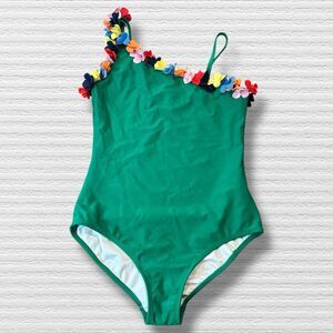 Hanna Andersson Girls One Shoulder Swimsuit 14-16 160cm Green Floral Trim